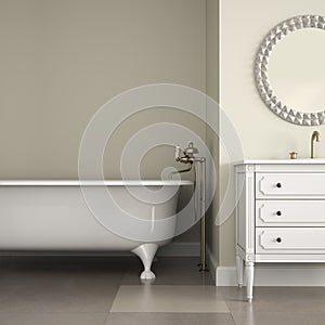 Interior of classic bathroom with round mirror and cabinet 3D re