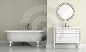 Interior of classic bathroom with round mirror 3D rendering