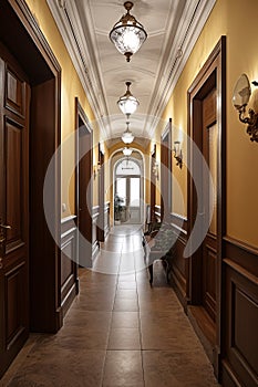 Interior of a classic hotel corridor with wooden doors and windows. Colonial, country style