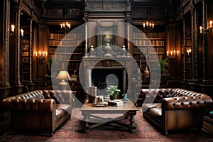 Interior of a classic library with fireplace, books and armchairs, A classic Victorian era library with leather-bound books and