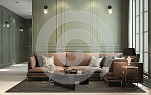 Interior classic living, retro classical style, with loose furniture, 3D rendering, 3D illustration
