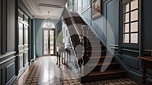 Interior of classic staircase corridor. Colonial, country style