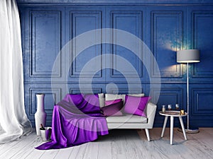 Interior in classic style with blue wall and white sofa mockup