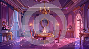 The interior of a classic Victorian dining room. The table, chairs and chandelier are shown in modern cartoons. Old