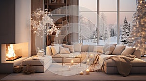 Interior of classic white living room with Christmas decor. Blazing fireplace, burning candles, elegant Christmas tree