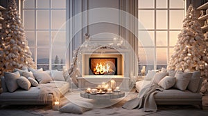 Interior of classic white living room with Christmas decor. Blazing fireplace, garlands, burning candles, elegant