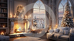 Interior of classic white living room with Christmas decor. Blazing fireplace, garlands and burning candles, elegant