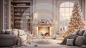 Interior of classic white living room with Christmas decor. Blazing fireplace, garlands and burning candles, elegant