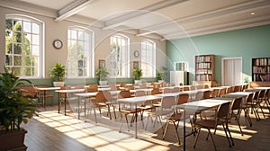 Interior of clean bright classroom in modern school or college. Spacious room with light blue walls, many desks, chairs
