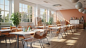 Interior of clean bright classroom in modern school or college. Spacious room with pink walls, many desks, chairs