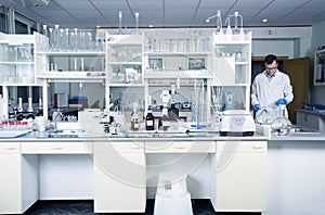 Interior of clean modern white laboratory background. Laboratory concept. photo