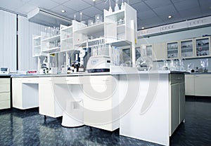 Interior of clean modern white laboratory background. Laboratory concept. photo