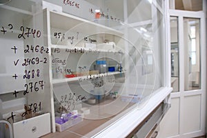 Interior of clean modern white medical or chemical laboratory background. Laboratory concept without people