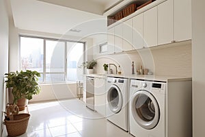 Interior clean white laundry room with front load washer and dryer units.