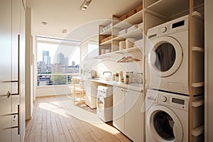 Interior clean white laundry room with front load washer and dryer units , condo, home.