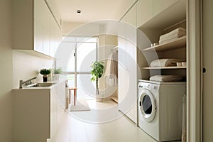 Interior clean white laundry room with front load washer and dryer units , condo, home.