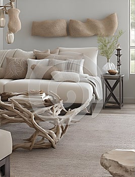 Interior with coastal beauty in a scene of gray rocks, white sands, and hints of warm brown driftwood.