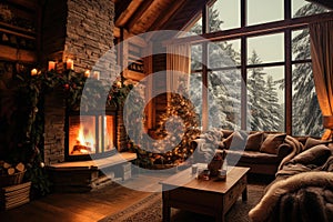 Interior of a comfortable rustic wooden cabin with a fireplace and a Christmas tree
