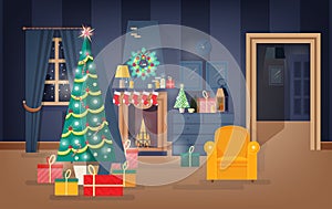 Interior of comfy living room decorated for Christmas Eve with fir tree, beautiful garlands and wreaths. Apartment full