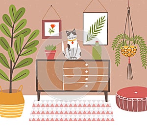 Interior of comfy room with table and cat sitting on it, potted plants, wall pictures, home decorations. Cozy house