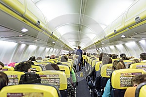 Interior of commercial airplane during flight.