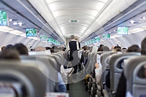 Interior of commercial airplane with stewardess serving passengers on seats during flight.