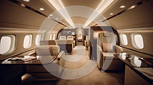 Interior of a commercial airplane with seats and luggage in the cabin. Flying in first class. Business flights. Private plane. Com