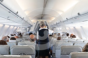 Interior of commercial airplane with stewardess serving passengers on seats during flight.