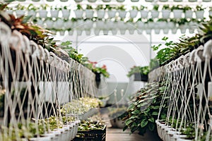 Interior of a commercial greenhouse for cultivating potted houseplants for retail with rows of green seedlings stretching back