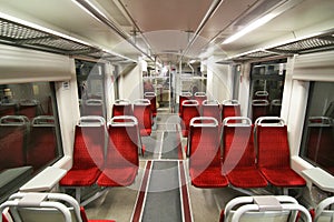Interior of commuter train to airport. Vilnius, Lithuania