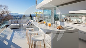 Interior of completely white modern kitchen in luxurious villa. Flat facades, kitchen island with dining area, spacious