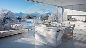 Interior of completely white modern kitchen in luxurious villa. Flat facades, kitchen island with dining area, spacious