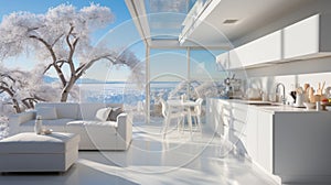 Interior of completely white modern kitchen in luxurious villa. Flat facades, kitchen island with dining area, spacious