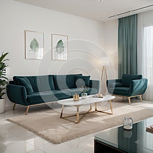 Interior composition with a soft sofa and tables on a white wall background /