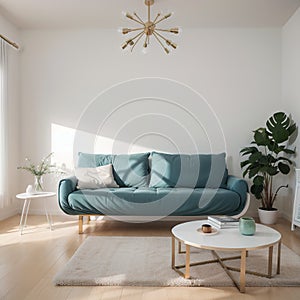 Interior composition with a soft sofa and tables on a white wall background /