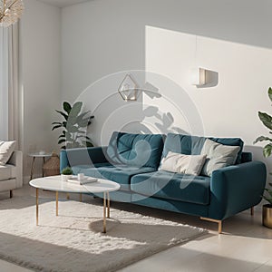 Interior composition with a soft sofa and tables on a white wall background /