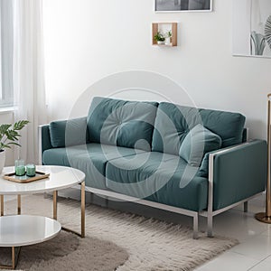 Interior composition with a soft sofa and tables on a white wall background /