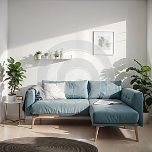 Interior composition with a soft sofa and tables on a white wall background /