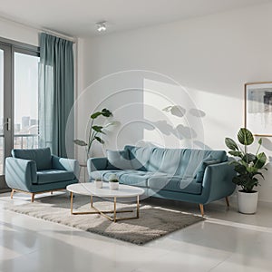 Interior composition with a soft sofa and tables on a white wall background /