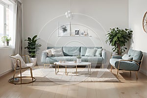 Interior composition with a soft sofa and tables on a white wall background /