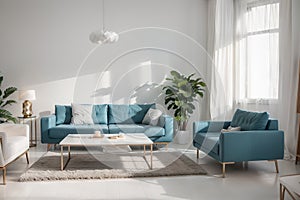 Interior composition with a soft sofa and tables on a white wall background /