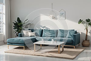 Interior composition with a soft sofa and tables on a white wall background /