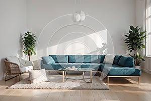 Interior composition with a soft sofa and tables on a white wall background /
