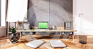 interior Computer and office tools on mini desk in room concrete and white brick wall design. 3D rendering
