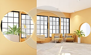 Interior concept of memphis design, yellow fabric Armchair and sofa set