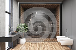 Interior of a gray bathroom with wood floor