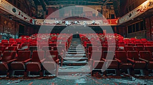 interior of conference hall or cinema or theater with red armchair