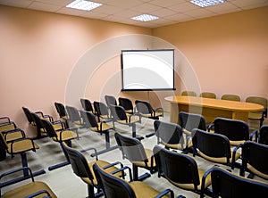 Interior of a conference hall in pink tones