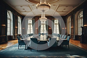 Interior of a conference room in a classic style. 3d rendering, A company meeting in a grand, elegant boardroom, AI Generated