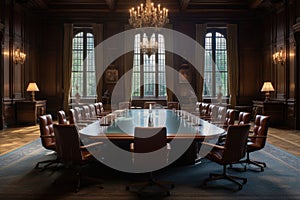 Interior of a conference room in an old mansion. 3d rendering, A company meeting in a grand, elegant boardroom, AI Generated